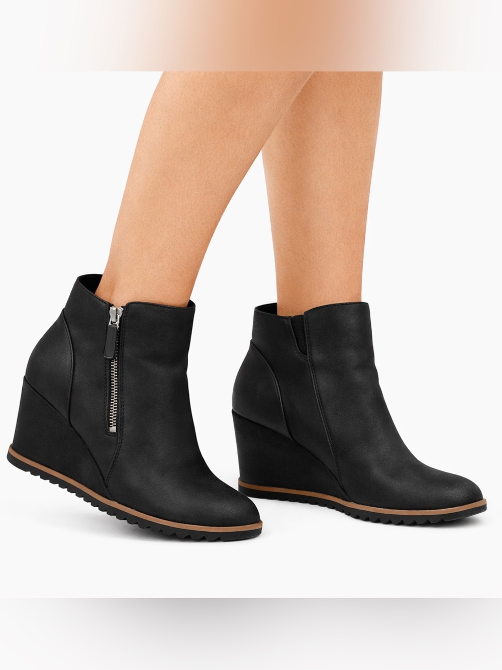 Black Wedge Ankle Boots with‎ Side Zip